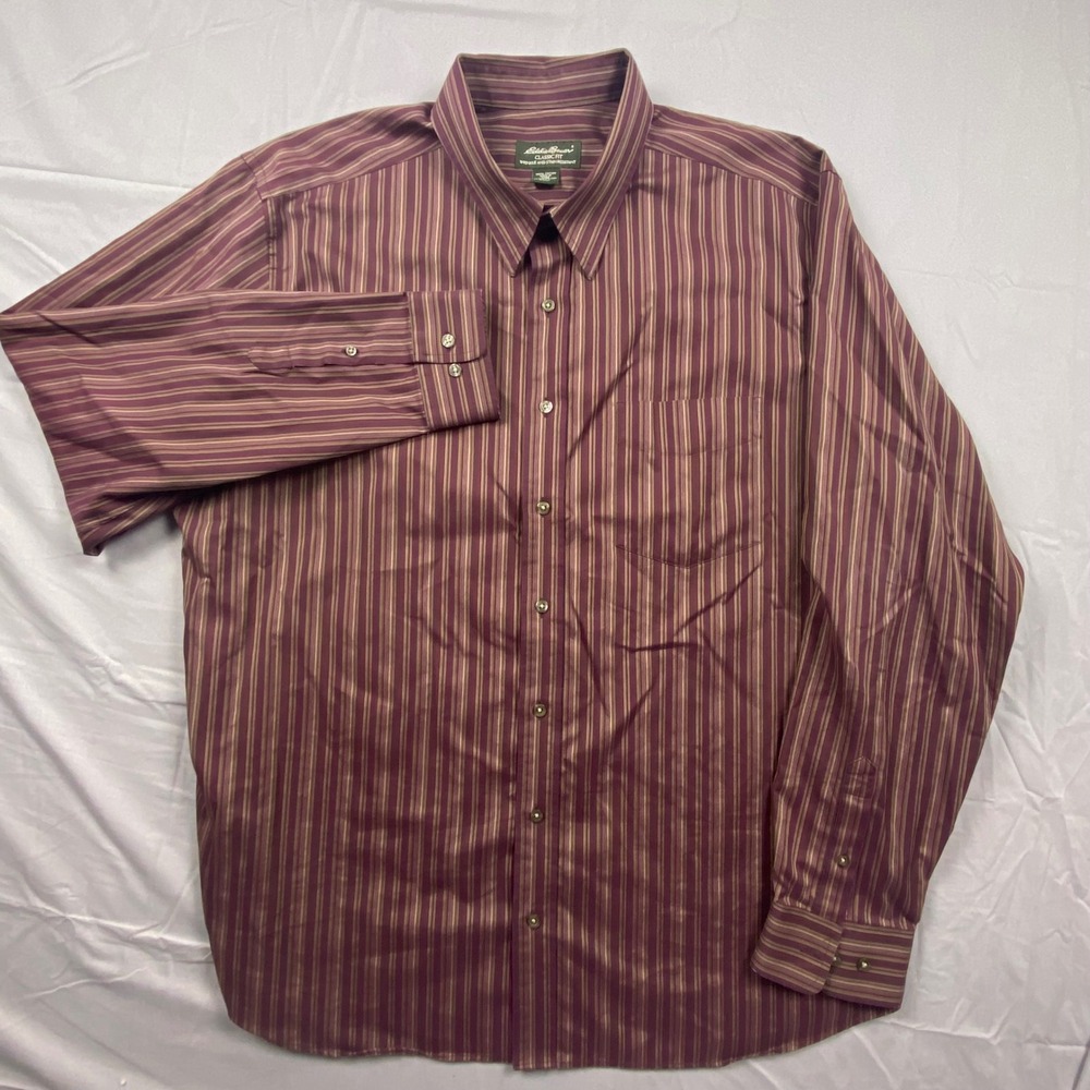 Eddie Bauer Classic Fit Striped Dress Shirt Mens XXL Tall Burgundy Cotton L/S